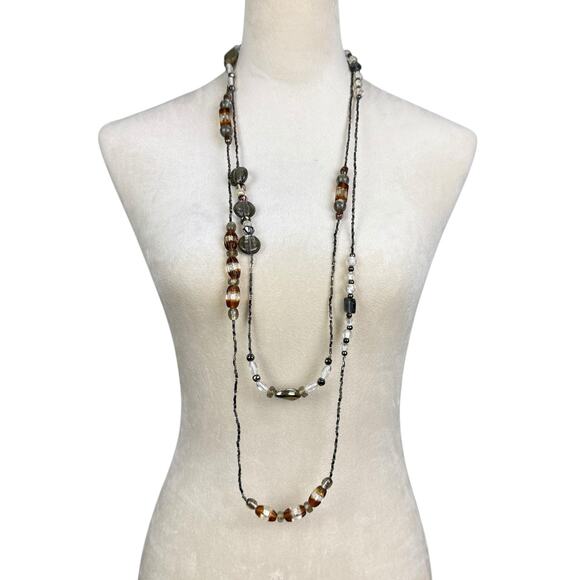 Coldwater Creek Brown Neutral Multi Shape Beads Seed Bead Layering Long Necklace - Picture 2 of 10